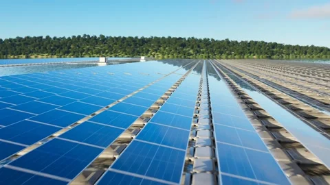 Vast Floating Solar Panel Array on Tranquil Water Vidéo 288980897