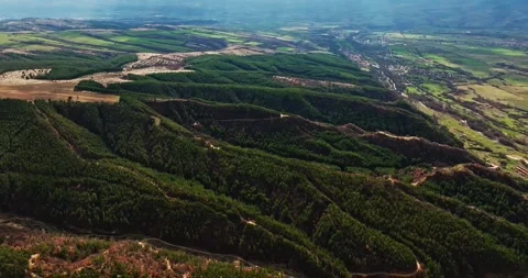 Vast Forest Landscape Large Valley Surrounded By Mountains Aerial Tilt Up Stock Footage 289409427