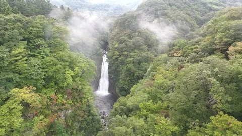 Vast Forest Valley &amp; Akiu Waterfall | Foggy - 4K Aerial Video Stock Footage 329052263