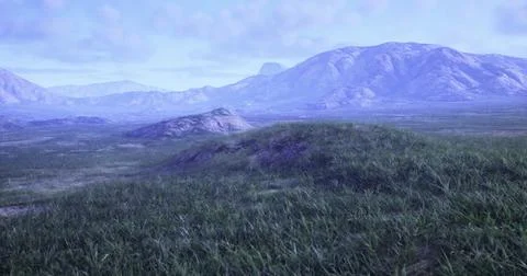Vast grasslands stretch beneath towering mountains in a serene landscape Stock Illustration