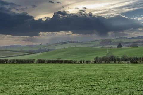 Vast green fields stretch beneath a dramatic sky Foto stock