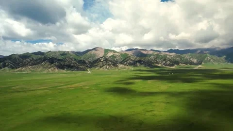 Vast Green Grassland Beneath Dramatic Clouds and Mountain Range in Xinjiang Stock Footage 342091157