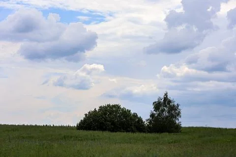 Vast green meadow under a dramatic sky with fluffy white and grey clouds 写真素材