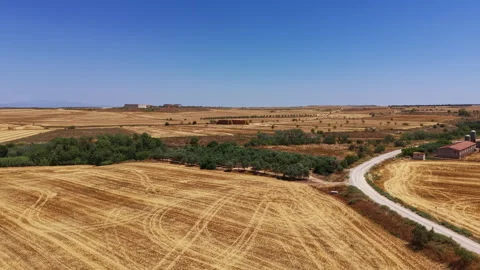 Vast harvested wheat fields stretch across dry golden Spanish countryside with Stock Footage 340327417