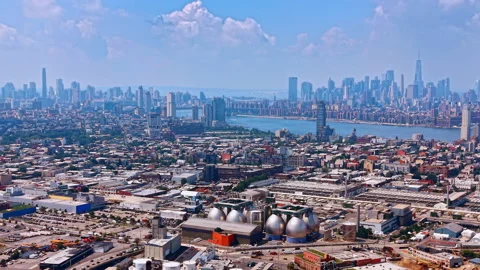Vast industrialized area of Brooklyn and Queens crossed by Newton Creek. New Stock Footage 342077526