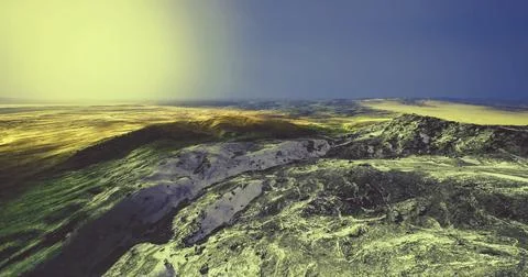 Vast landscape with dramatic lighting at sunset over rugged terrain Stock Illustration