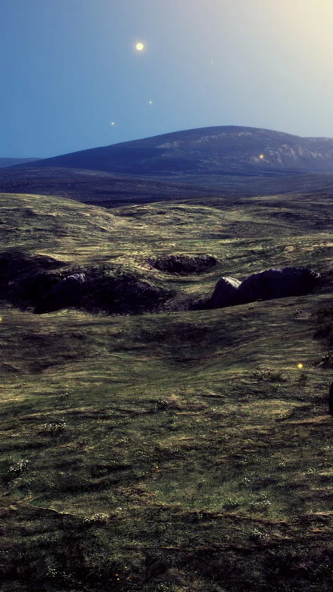 Vast landscape under clear sky with distant hills and lighting effects Stock Footage 336179466