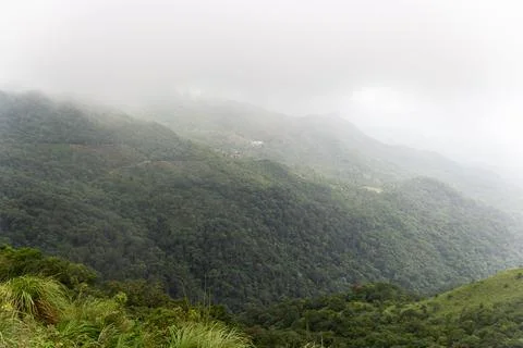 Vast Misty Mountain Landscape Covered in Dense Tropical Evergreen Forest Stock Photos