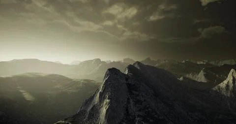 Vast mountain landscape under a dramatic cloudy sky at twilight Stock Illustration