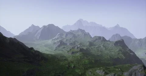 Vast mountain range under clear sky with green valleys in daylight Stock Illustration