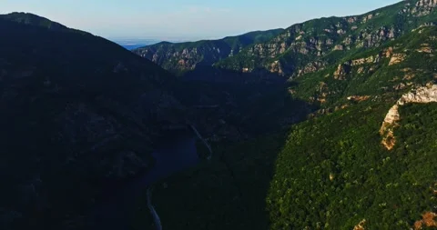 Vast Mountain Ridges Covered With Trees Dam Structure River Passage Energy Stock Footage 300489357