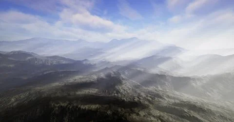 Vast mountainous landscape with soft light beams in the sky at dawn Stock Illustration
