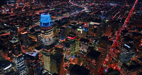 Vast night panorama of modern vibrant San Francisco, California, USA. Drone Stock Footage 330253089