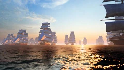 On the vast ocean, a mighty fleet sails toward the distant horizon. Stock Footage 333392278