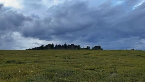 Vast pastoral meadow, distant tree line, dramatic stormy sky, static wide Video stock 347349351