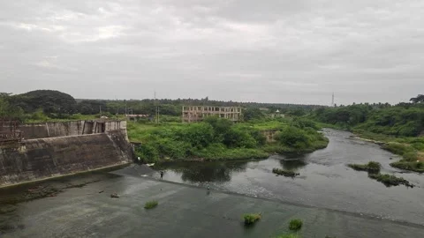 A vast river flows through lush greenery, showcasing monsoon beauty, sereni.. Stock-Footage 337042100