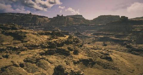 Vast rocky landscape with dramatic cliffs and serene sky at dusk イラスト素材