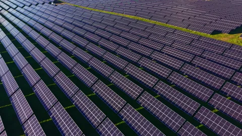 Vast solar panel array captures sunlight in a pristine landscape under clear Stock Footage 331267481