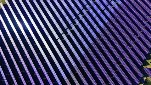 Vast solar panel array spans open field, Bulgaria Video stock 346384750