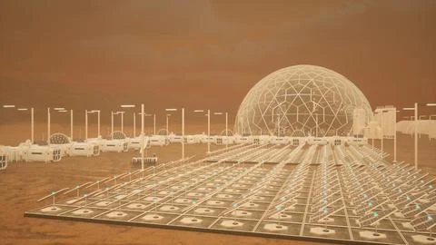 Vast solar panel farm on alien planet powering high tech infrastructure Stock Illustration