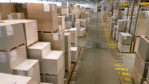 A vast warehouse filled with stacked boxes and crates on metal racks. Vidéo 307999914