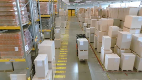 A vast warehouse with rows of boxes and pallets on metal racks. Vídeos de archivo 308001189