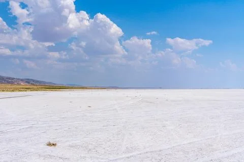 Vast white salt flat under a clear blue sky with scattered clouds. Turkey Фото