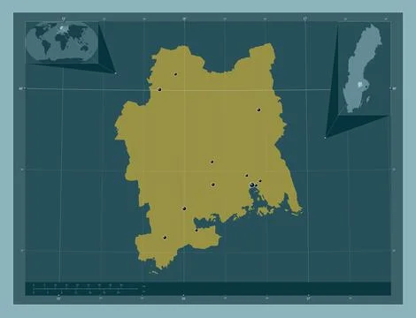 Vastmanland, Sweden. Solid color shape. Locations of major cities of the regi 库存插图