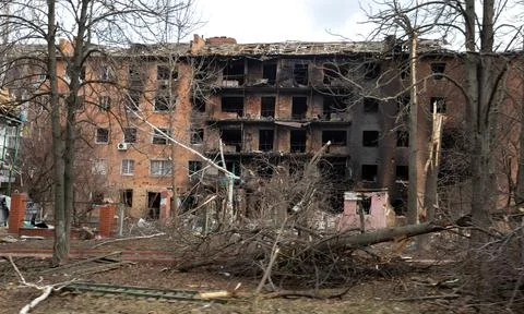 VASYLKIV, UKRAINE - Mar. 07, 2022: War in Ukraine. Completely destroyed lyceum b Stock Photos