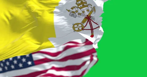 Vatican city flag waving in the wind with the American flag isolated on gre.. Stock Footage 340418364