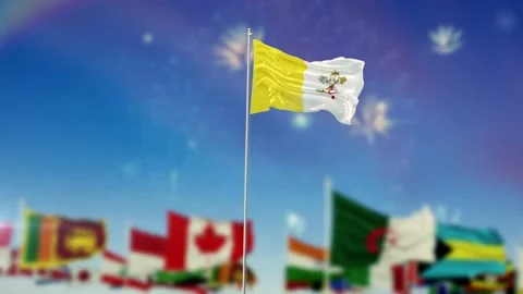 Vatican Flag With Flags Of The World And Fireworks Moring And Night 3D Rendering Video stock 149961240