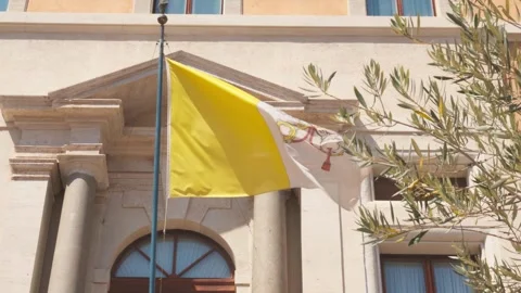 The Vatican flag waves softly amid grand architecture and olive trees Stock Footage 284532623