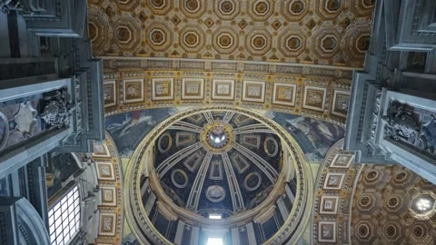 Vatican,  Interior view and looking up into a church Dome with murals, painting  Stock Footage 251000624