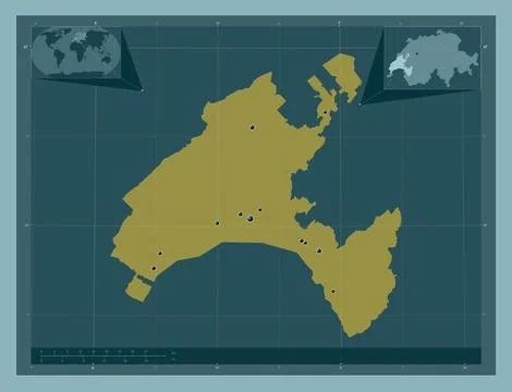 Vaud, Switzerland. Solid color shape. Locations of major cities of the region Stock Illustration