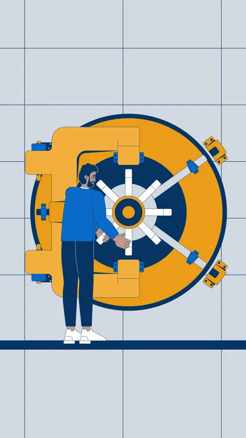 Vault custodian turning wheel to open secure door cartoon vertical animation Stock Footage 321453282