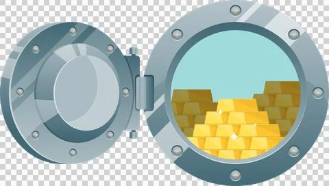 Vault door open, revealing a cache of gleaming gold bars stacked high insid.. Stock Illustration
