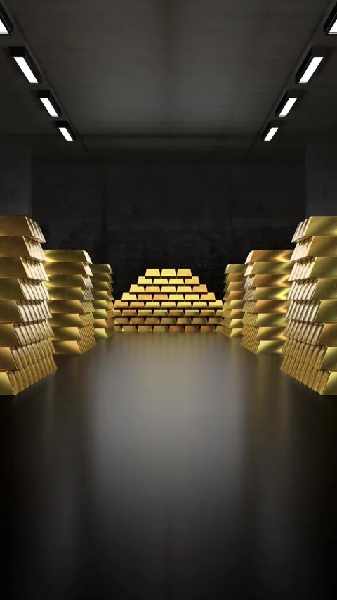 Vault full of gold ingots - camera moving forward Stock Footage 340910471