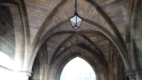 Vaulted Ceiling with Vintage Lantern at Glasgow University Entrance Stock Footage 261764635