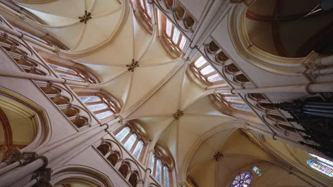 Vaulted Gothic Cathedral Ceiling and Clerestory Windows in Lyon Stock Footage 334384266