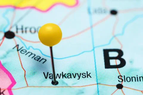 Vawkavysk pinned on a map of Belarus Stock Photos