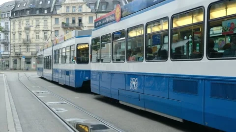 VBZ Tram Leaving Station Stock Footage 200841599