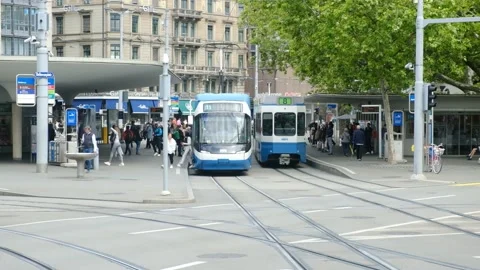 VBZ Tram at Station Stock Footage 200841614