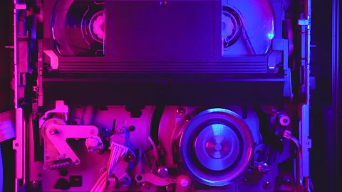 VCR player working, VHS insert, play, eject, retrofuturistic blue and purple Stock Footage 155712559