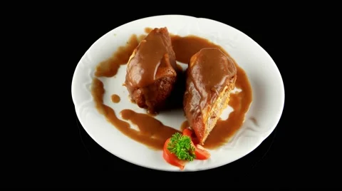Veal roll stuffed with chicken, cheese, pickled mushrooms, loop, top view Stock Footage 61708732