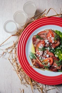 Veal in a sauce with vegetables Stock Photos