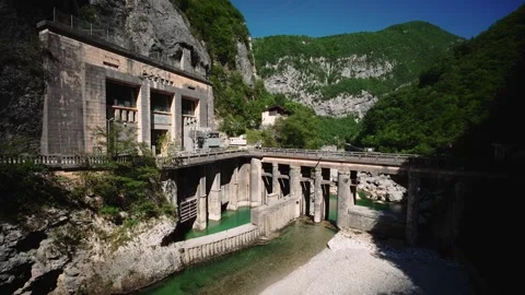 Vecchia diga di Barcis old dam and Edison historic hydroelectric facility in Stock Footage 339770003