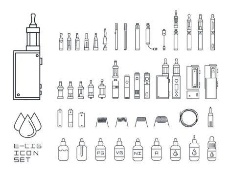 Vecor set of vape related simple line Icons. RDA, Atomizer, drip tip, mod, e Stock Illustration