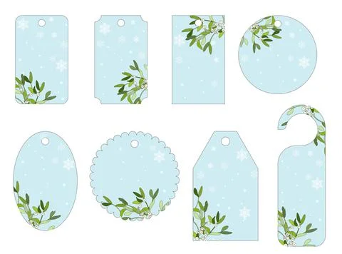 Vecror set of Christmas gift tags with the mistletoe. Different shapes. Stock Illustration