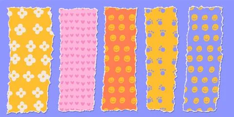 Vecrtical Strip of paper shapes set in groovy childish style with vintage bright Stock Illustration