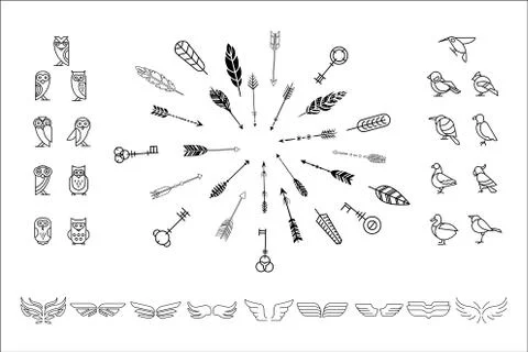 Vectoe set of various decor elements owls, birds, wings and cute hipster arrows Stock Illustration